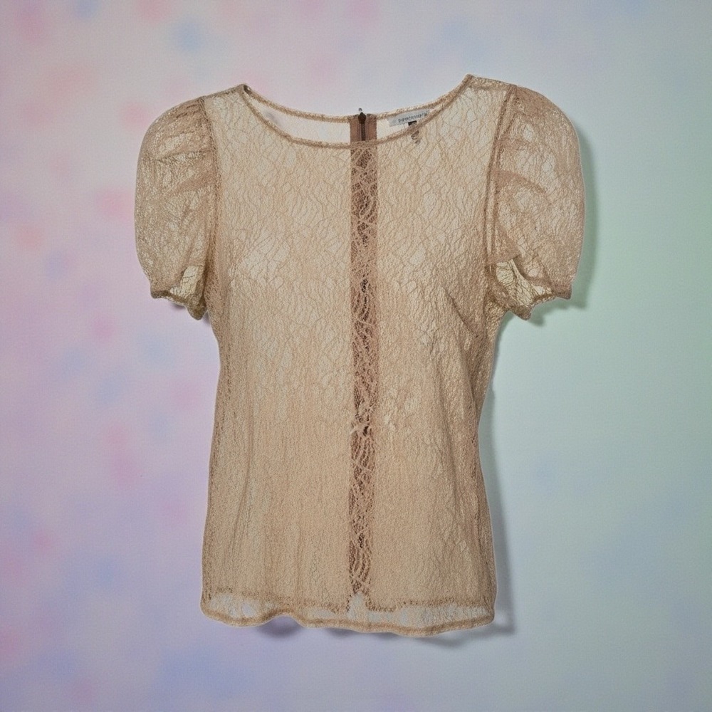 Sheer Lace Coquette Top Y2K Fairycore Neutral Mesh Blouse Soft‎ Girl S
